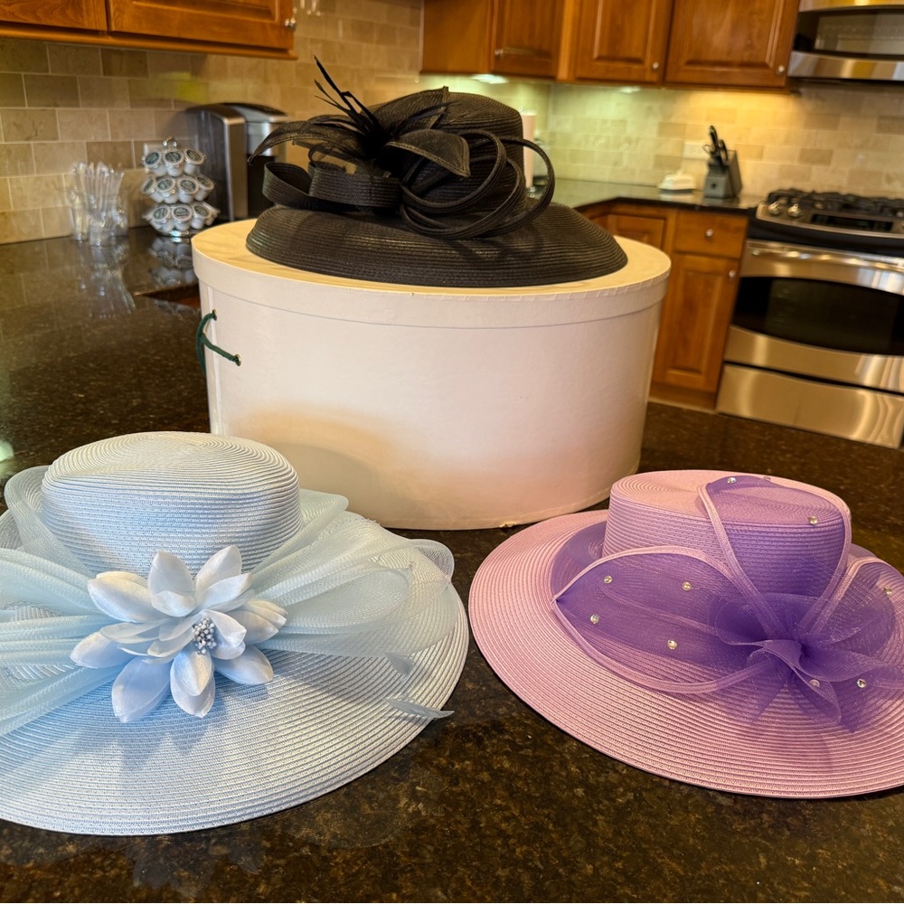 Black, Light Blue and Purple Wide-Brimmed Women’s Hats with Dramatic Bows